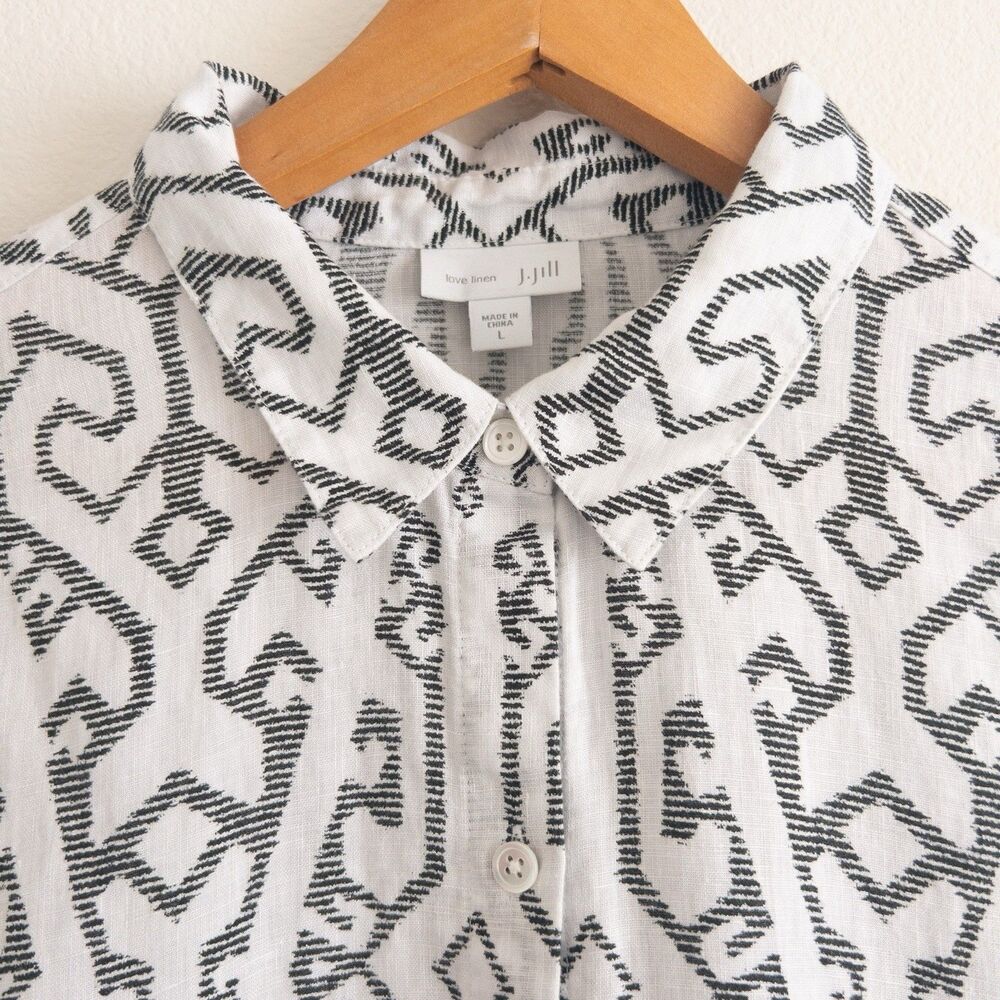 J Jill Love Linen White & Black Patterned Button Up Size L Coastal Lagenlook - Picture 4 of 12